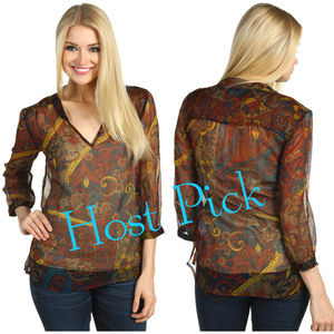 Lucky Blouse Top Floral Paisley Chiffon Boho NWT